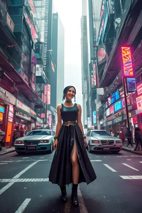 a cyberpunk portrait photo of   a guatemalan woman smiling,  (futuristic folk dress), pronounced feminine feature, insane detail...