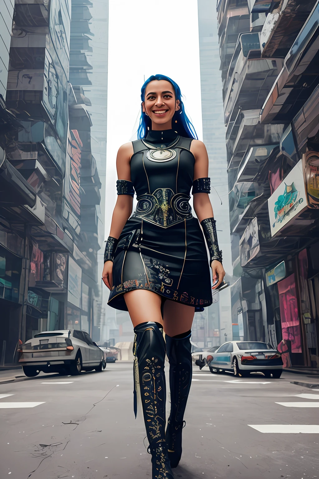 a cyberpunk portrait photo of   a guatemalan woman smiling,  (futuristic folk dress), pronounced feminine feature, insane details, intricate details, hyperdetailed, complex background, futuristic city