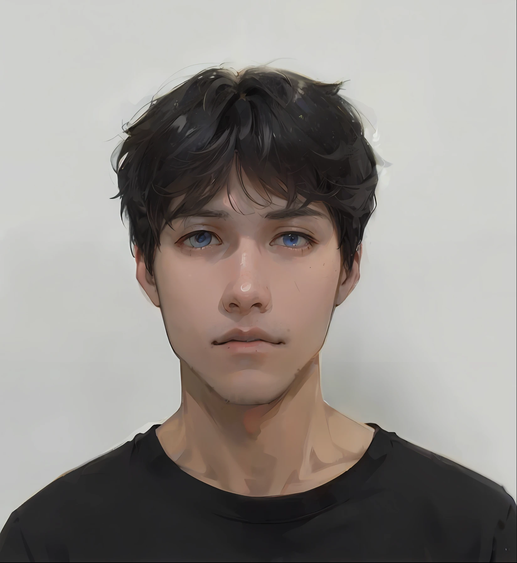 1boy, apple, bag, bangs, berry, black hair, black shirt, blue eyes, hair between eyes, jewelry, leaf, looking at viewer, male focus, necklace, pants, shirt, solo, watch, white pants, wristwatch, messy hair, trending on artstation, 8k resolution, highly detailed, anatomically correct, sharp image, digital painting, concept art, trending on pixiv, style of makoto shinkai,