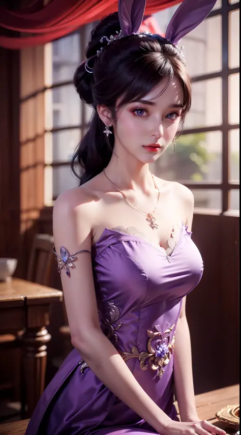 1 beautiful girl in Han costume, thin purple silk shirt with white color with many textures, white lace top, long platinum purpl...