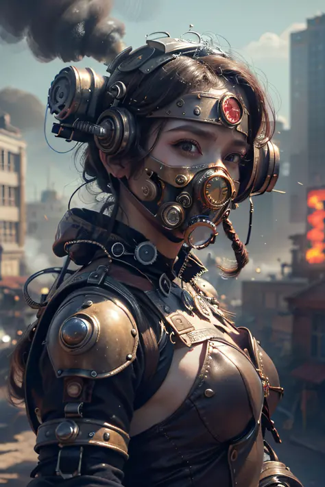American woman of serious expression, with a steam mask on his head, Portrait of a mechanical American woman, it's not anime, Ar...