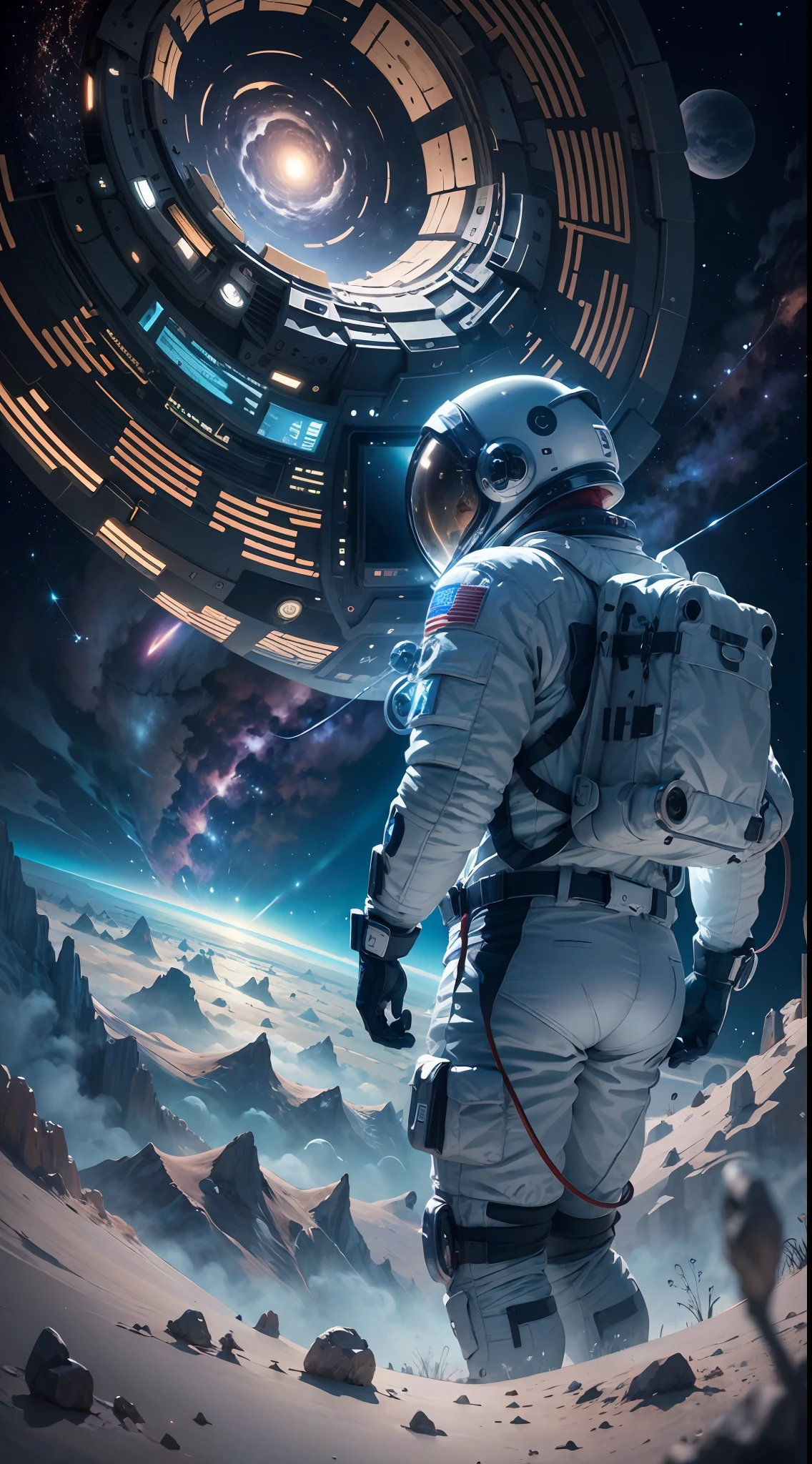 （（tmasterpiece）），（（best qualtiy）），8K，high detal，Hyper-detailing，The painting depicts scenes of breathtaking images of magnificent spaces。The picture shows a man wearing a spacesuit，Facing the audience，Look at a blue glowing planet in space，The scene is highly-detailed，Clarity is extraordinary，Every intricate detail of the panorama is captured，the background is the milky way galaxy