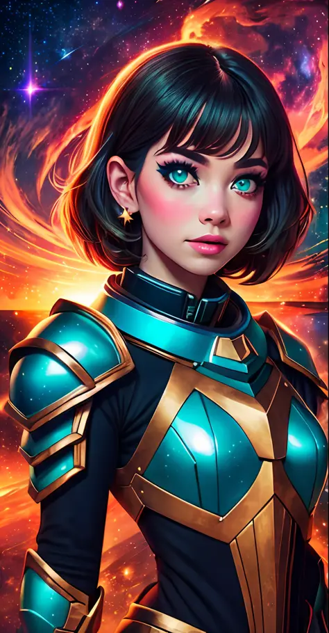 girl, wildly short hair, dark fantasy, warm turquoise color, armor, standing, space nebula background, stars, galaxies, masterpi...