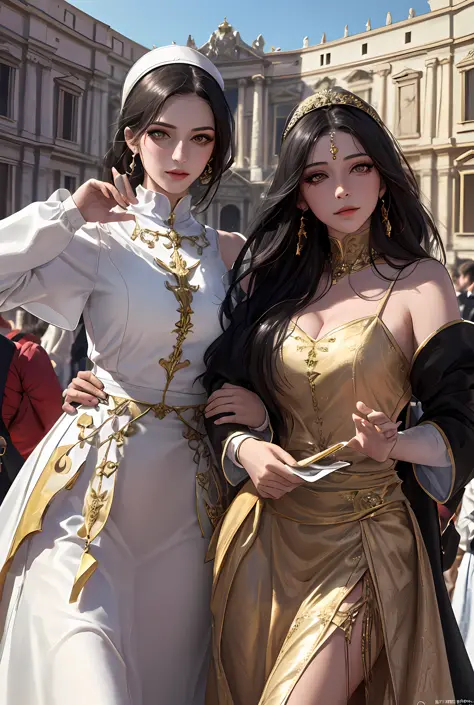 (巨作, Best quality, Realistic),
2girls,duo,(on the St. Peter's Square of Vatican,crowd of), sankta. Peter's Square of Vatican bac...