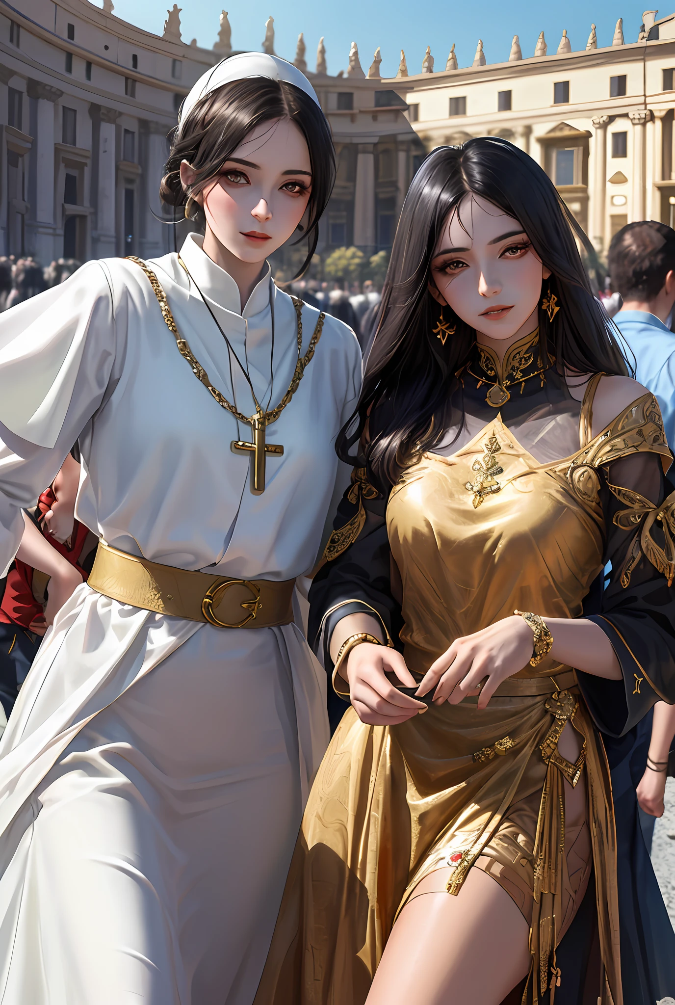 (obra de arte, melhor qualidade, realista),
2 meninas,duo,(no St.. Praça de Pedro do Vaticano,Multidão de), Santo. Praça de Pedro do Vaticano background,vestido cigano,(olhos de princesa,pupilas brilhantes),dançando,  ouro, Banquete, Multidão de, pegando saia,
[leve sorriso],