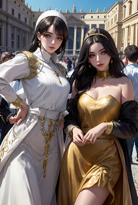 (巨作, Best quality, Realistic),
2girls,duo,(on the St. Peter's Square of Vatican,crowd of), sankta. Peter's Square of Vatican bac...