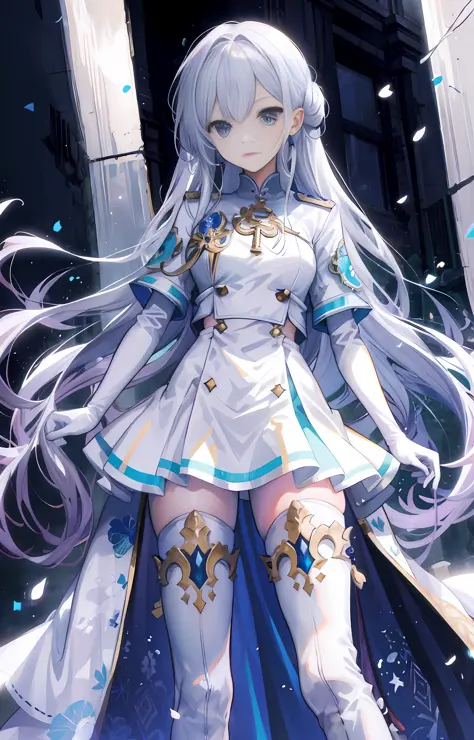 （best qualtiy:1.2），（White elbow long gloves），white long gloves，White uniform，White suspender thigh boots，long  white hair，Blue pupil，shortsleeves，white sash，White leg rings，ornate decoration，White high-heeled thigh boots，beatiful background，One in a white ...