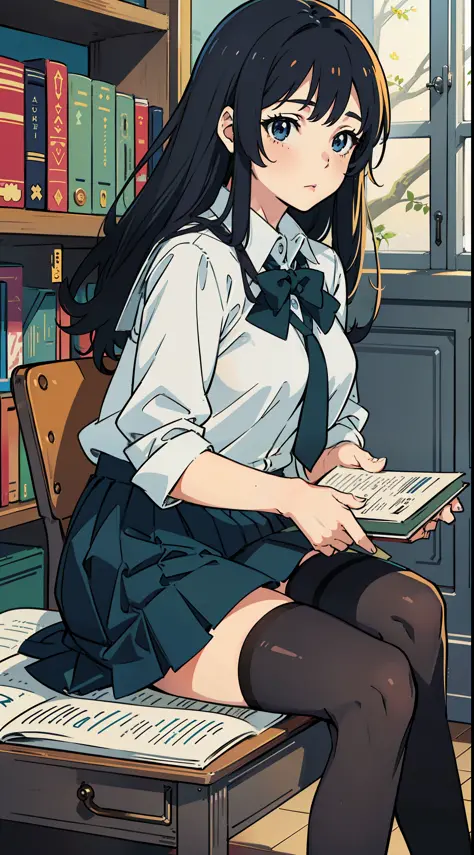 anime girl sitting on a desk in a library with books, Surrealism female students, Surrealism female students, Realistic schoolgirl, photorealistic anime girl rendering, Smooth anime CG art, Beautiful Anime High School Girls, seductive anime girls, Photorea...