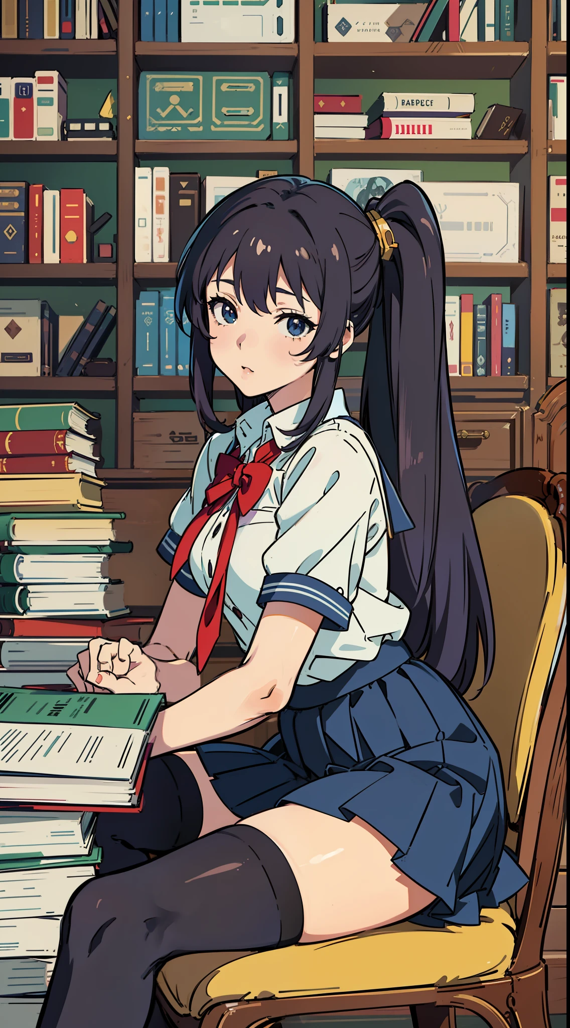 anime girl sitting on a desk in a library with books, Surrealism female students, Surrealism female students, Realistic schoolgirl, photorealistic anime girl rendering, Smooth anime CG art, Beautiful Anime High School Girls, seductive anime girls, Photorealistic anime, Anime. Soft lighting, beautiful anime girl crouching, 3 d anime realistic, thighhighs and skirt