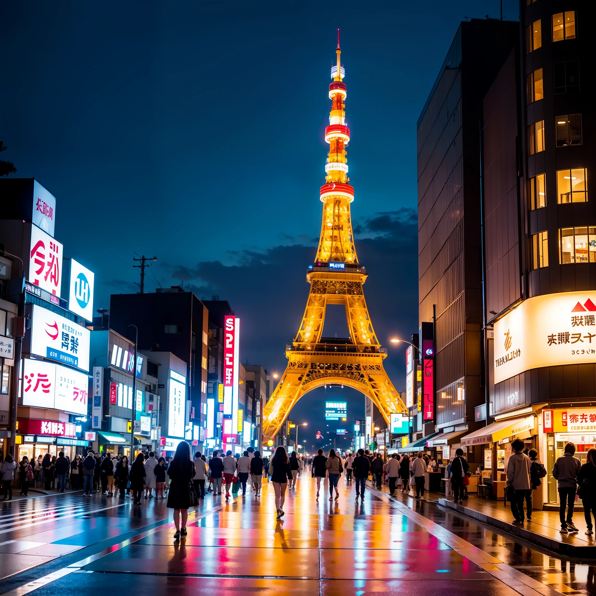 People walking on a city street at night with the eiffel tower in the  background - SeaArt AI