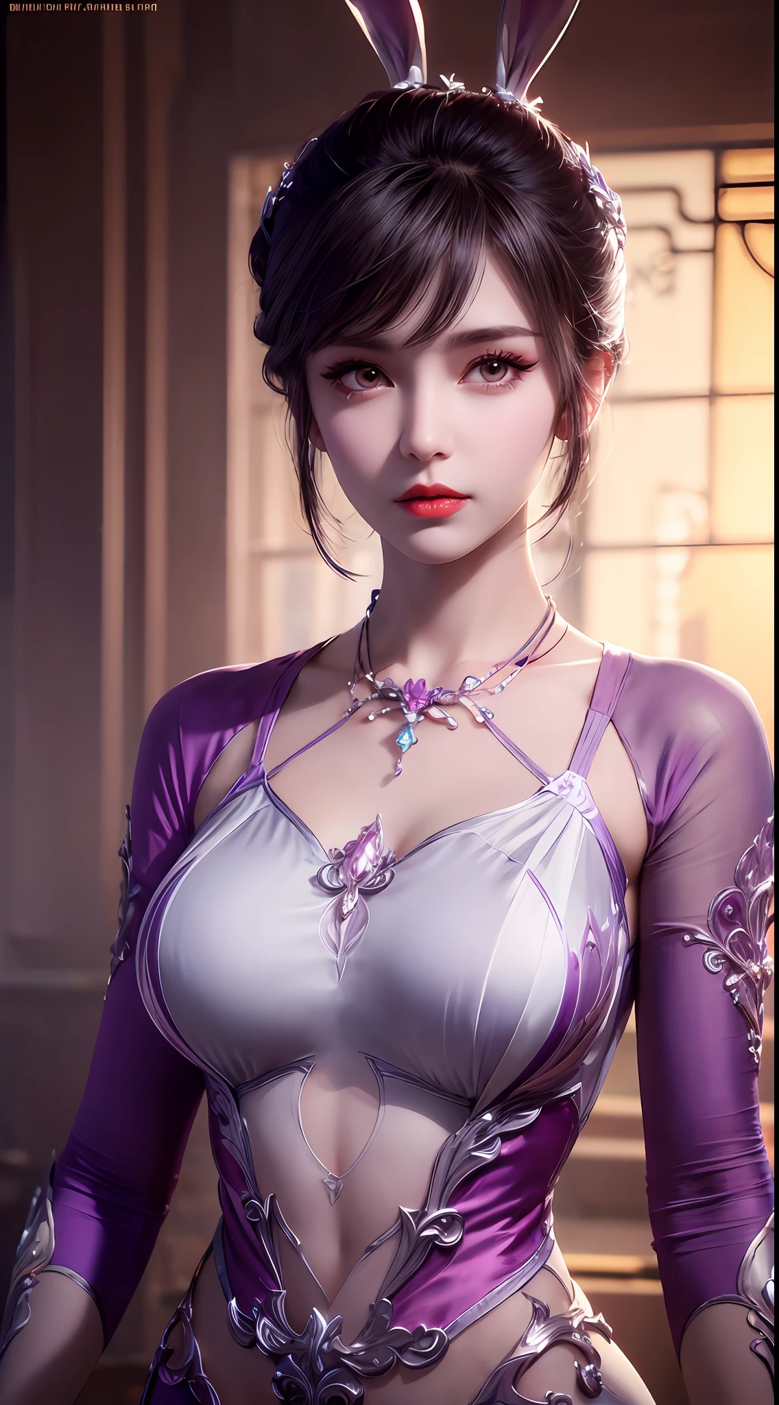 1 beautiful girl in Han costume, thin purple silk shirt with white color with many textures, white lace top, long platinum purple ponytail, hair jewelry, ear jewelry, light purple rabbit ears, necklace and necklace, meticulously drawn large purple eyes, meticulous makeup, thin eyebrows, high nose, lovely red lips, not smiling, pursed lips, rosy cheeks, wide breasts, big breasts , well-proportioned bust, slim waist, purple mesh socks, chinese hanfu style, fictitious art textures, vivid and realistic colors, RAW photos, realistic photos, ultra high quality 8k surreal photos, (effective fantasy light effect: 1.8), 10x pixel, magic effect (background): 1.8), super detailed eyes, girl body portrait, ancient hanfu background,