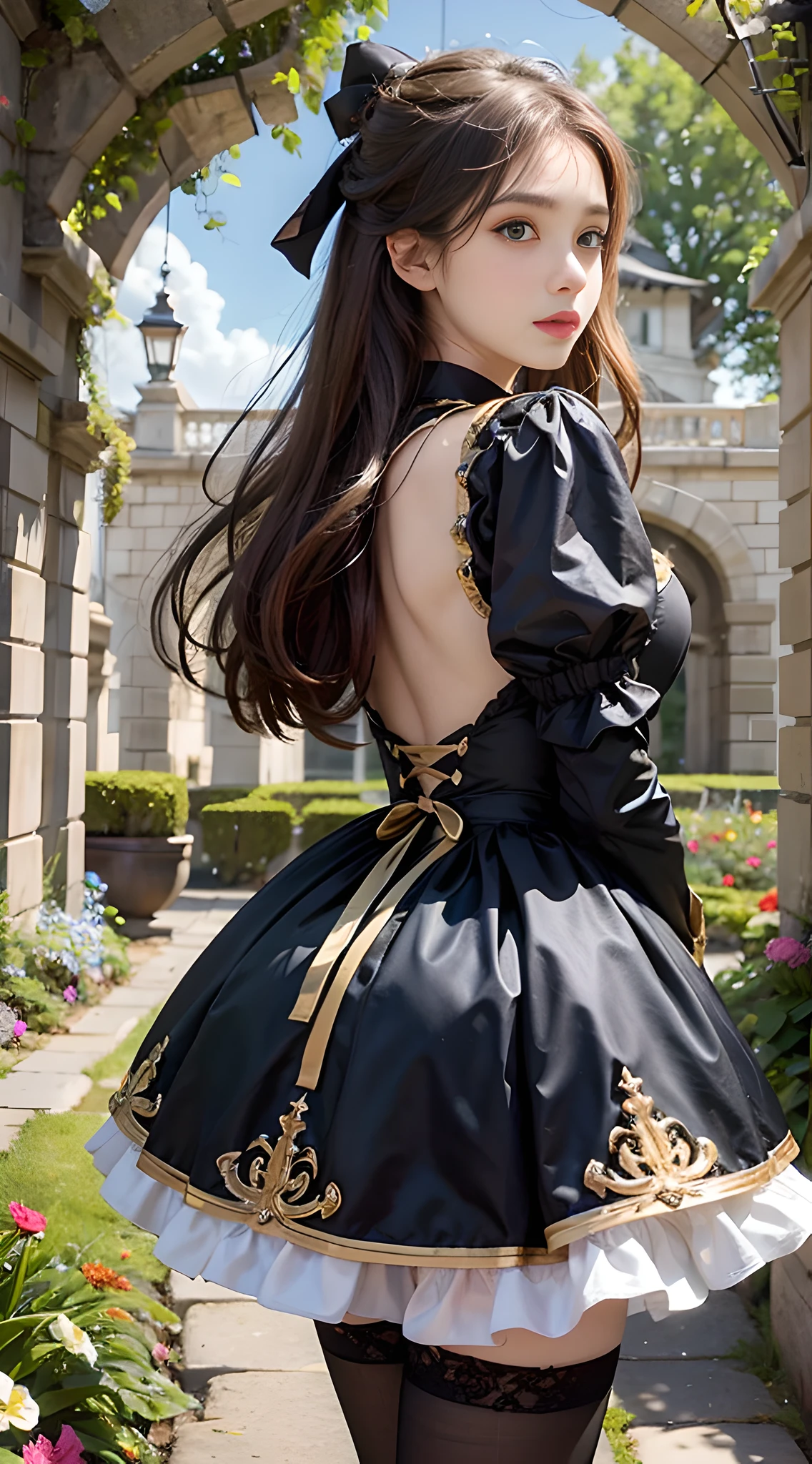 realistically, make realistic, nmasterpiece, Best qualities, Top  Quality, The ultra-great resolution, Lolita_Dress, 1girls, solo, Slim, looking at the spectator, a whole body, long haired, to stand, dynamicpose, detailed back ground, in a garden, citadel, Natural lighting, (pureerosface_v1:0.5),