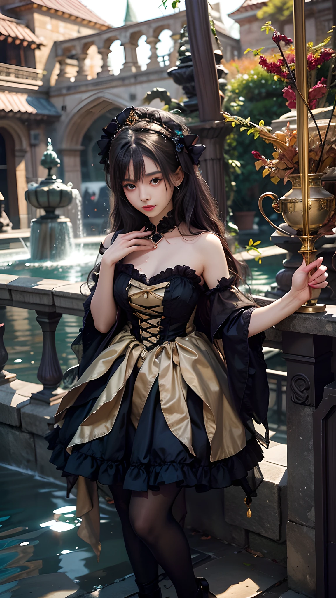 噴水の近くに立っているドレスを着た女性がいます, 夢のようなドレス, ファンタジー風の服, ファンタジー衣装, 愛らしいダーク秋のプリンセス, フェアリーコア, ロココドレス, 夢のような、エーテル、暗闇, ビクトリア朝のゴシックロリータファッション, ロマンチックなガウン, 幻想的なおとぎ話, ファンタジーなフォーマルな服を着る, 黒のゴシックロリータドレス, 金の錦織りの濃紺の服