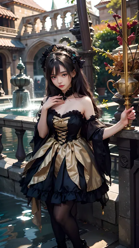 there is a woman in a dress that is standing near a fountain, dreamy dress, fantasy style clothing, fantasyoutfit, lovely dark a...