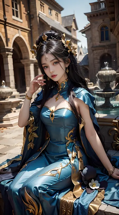 arafed woman in a blue dress sitting on a fountain, fantasy style clothing, fantasyoutfit, ((a beautiful fantasy empress)), an e...