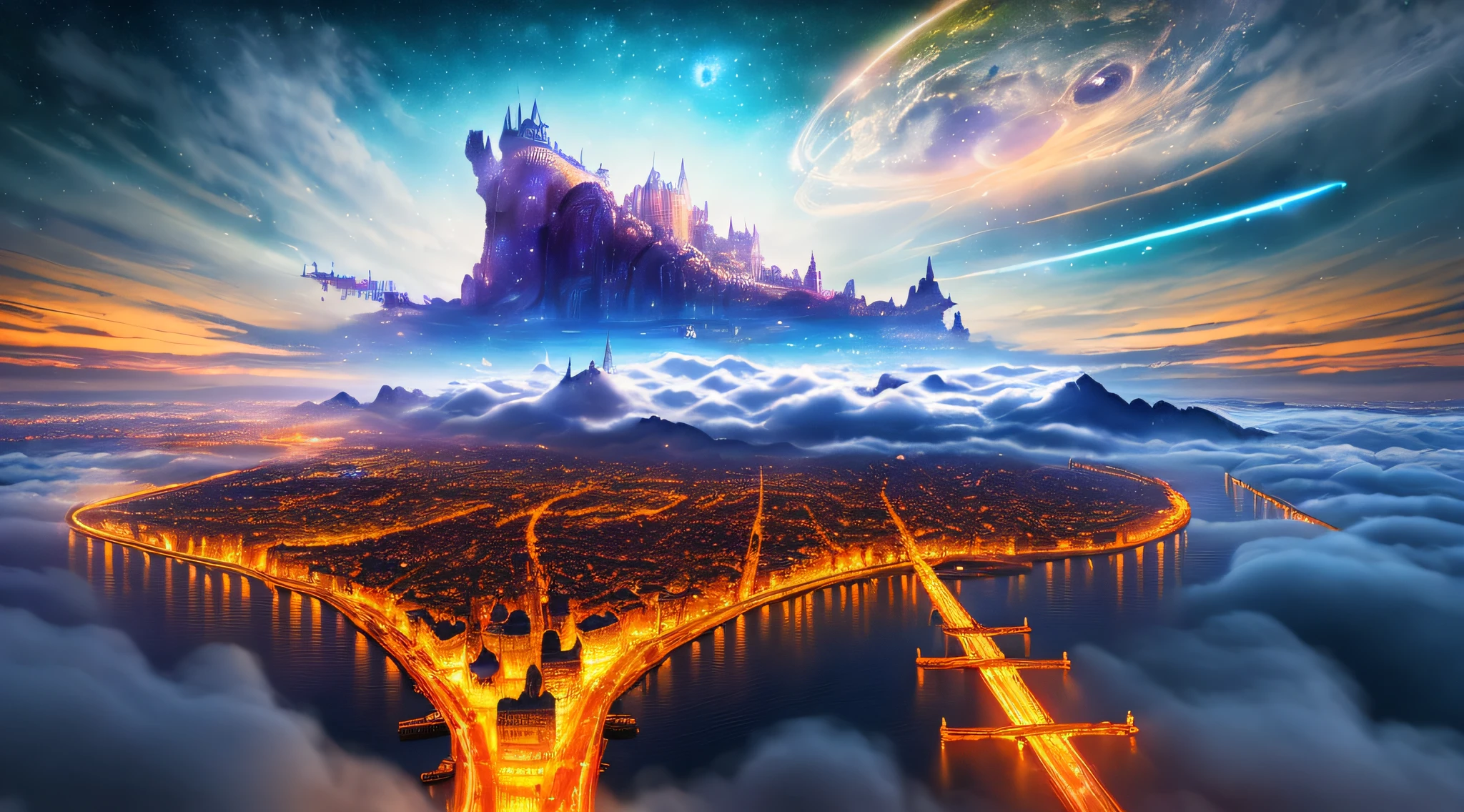 ((master piece)), best quality, (8k, best quality, masterpiece:1.2), An ethereal fantasy City floating in the sky, surrounded bly clouds, planets in the sky, purple rays in the sky