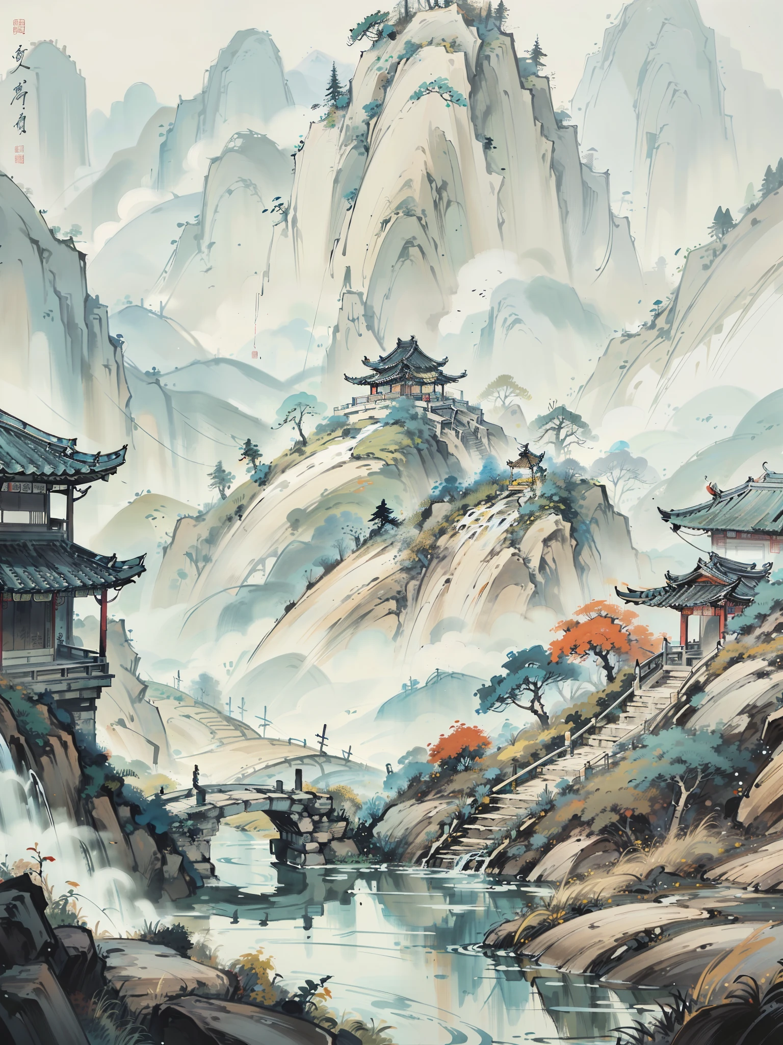 (Best Masterpiece), 8K, 
(Chinese ancient painting style), (distant view shot),The camera glides through a bamboo forest and reveals an ancient Chinese garden nestled among the mountains and forests,Multiple traditional Chinese buildings are scattered throughout the landscape, including high mountain waterfalls, pavilions perched on cliffs in the distance, ponds with small flowing bridges, lush trees with abundant branches and leaves,
The natural lighting is exquisite against a backdrop of blue sky and clouds, creating a beautiful color tone,