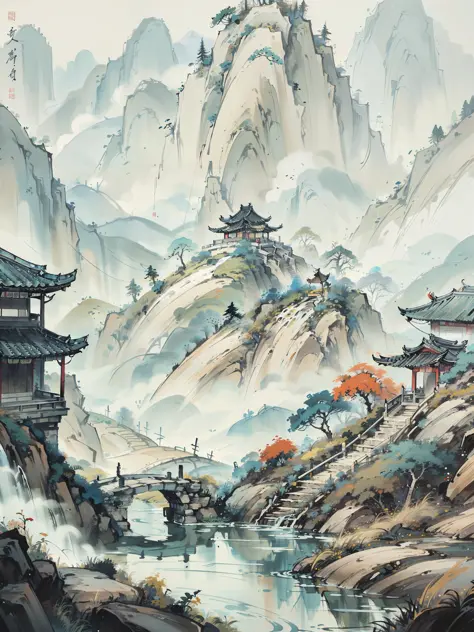 (Best Masterpiece), 8K, 
(Chinese ancient painting style), (distant view shot),The camera glides through a bamboo forest and reveals an ancient Chinese garden nestled among the mountains and forests,Multiple traditional Chinese buildings are scattered thro...