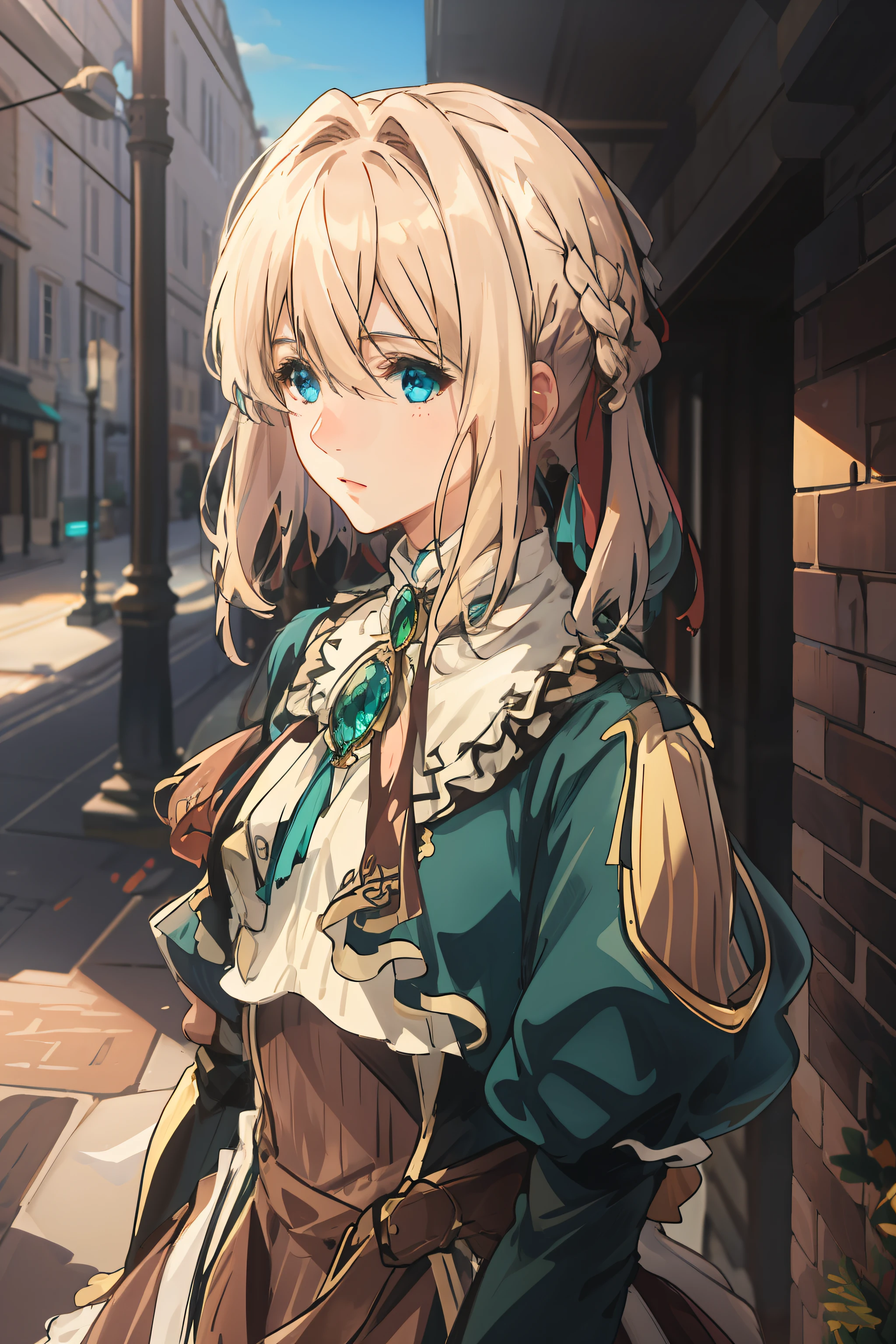 Upper body, solo, violet_evergarden, jewelry, golden coiled hair with ribbon, long sleeves, brooches, ribbons, aqua blue eyes, jacket, dress, emerald, town, hill, sunset street,