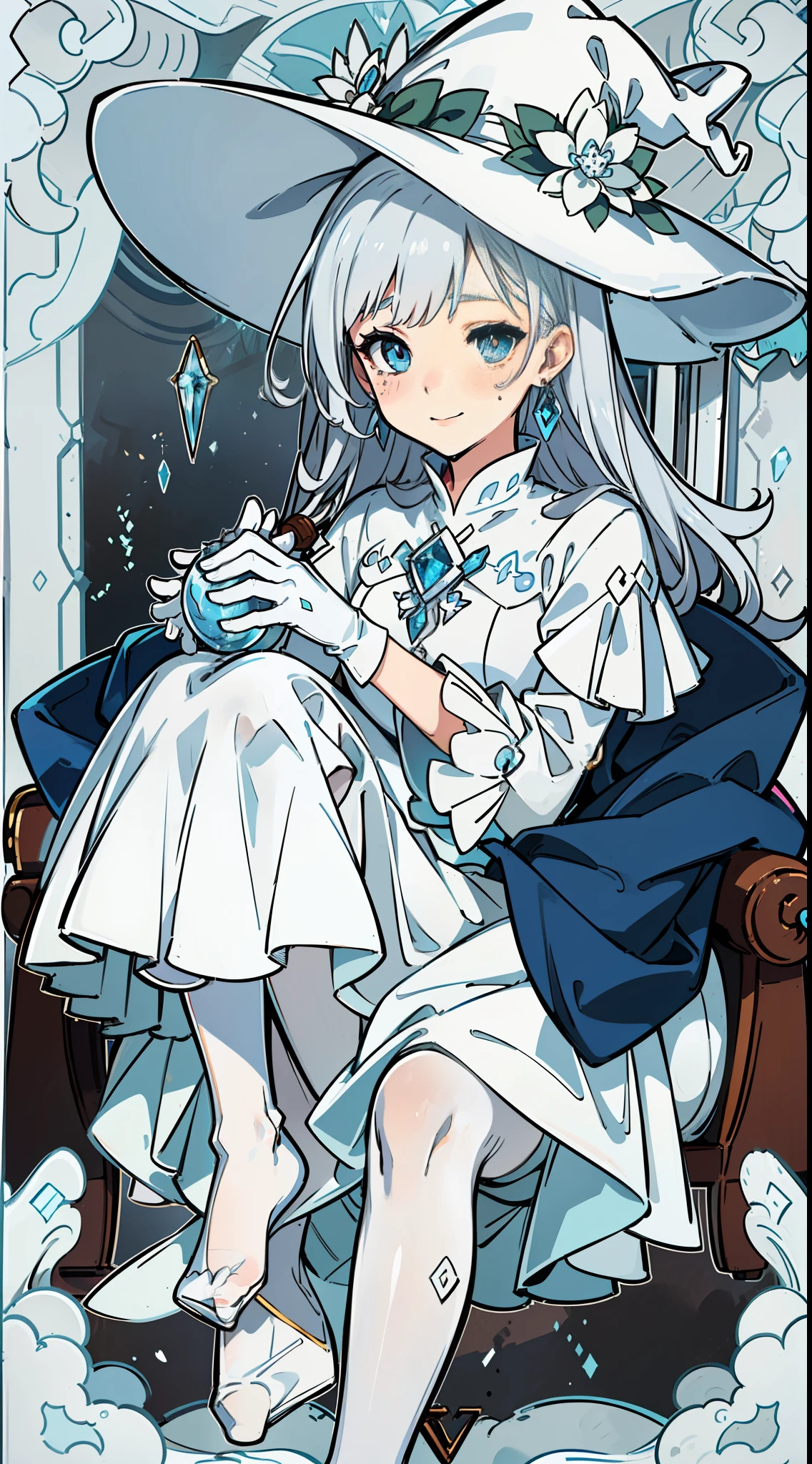 (sitting in a luxurious mahogany chair) (silver hair) (ice-white eye pupil) (Little Lori) (white cat's ear on the head) (ice flower in the eye pupil) (tear mole) (long wand in both hands) (witch hat) (blue-and-white witch hat) (blue-and-white long dress) (white pantyhose) (no shoes) (white gloves) finger detail depiction (ice jewel earrings) (tear moles) (shy smile) (blushing),White Pantyhose