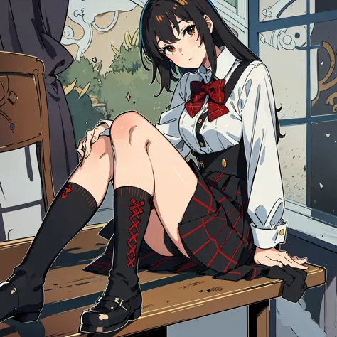 masterpiece, 1girl, solo, yukino yuknoshita, school uniform, white shirt, plaid miniskirt, red bowtie, (black knee high socks:1.5), black shoes, absolute territory, leaning on a table