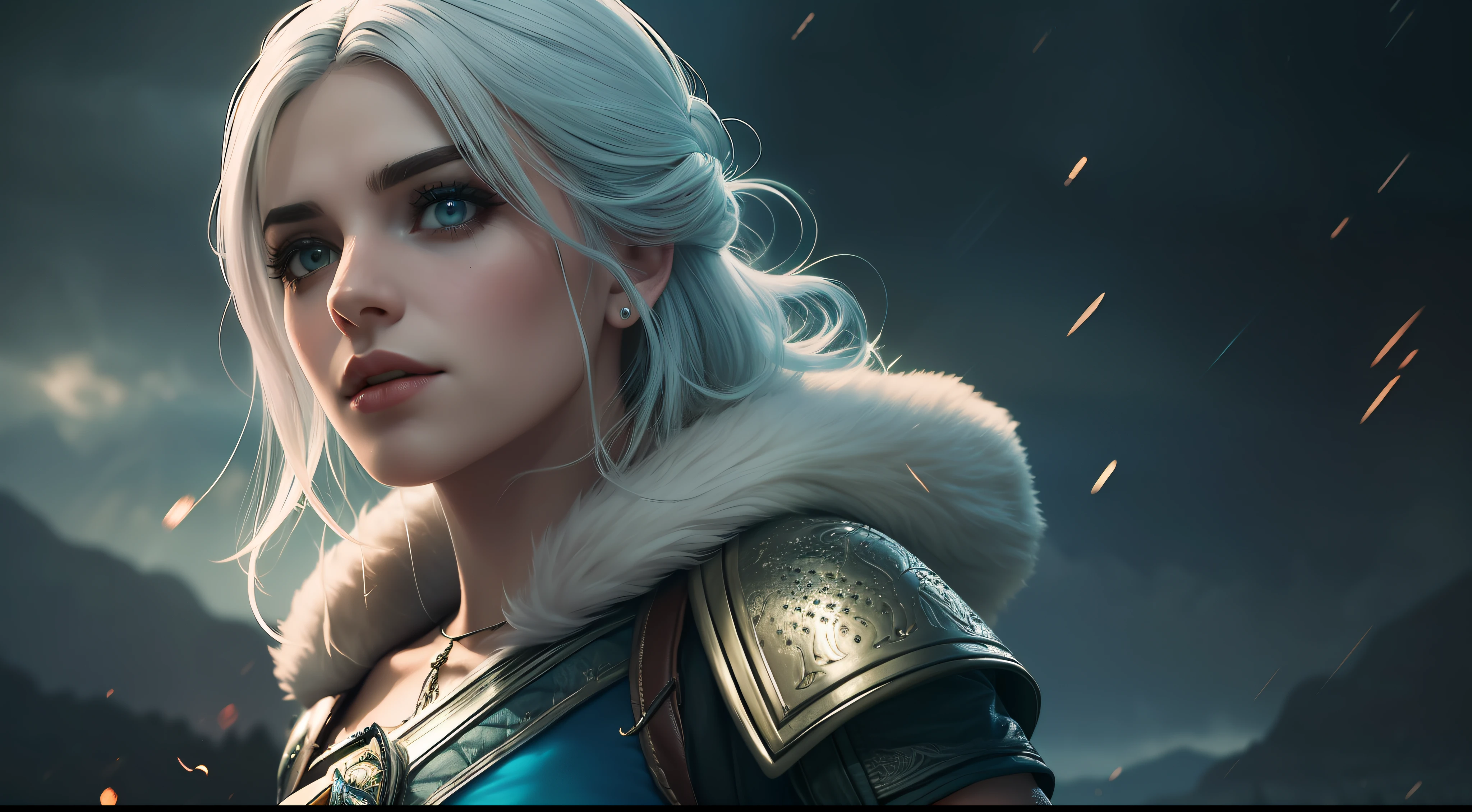 (extremamente detalhado CG unidade 8k papel de parede,master part, best quality, ultra-detalhado),(atmosfera tempestuosa, escuro e arenoso, um feroz e determinado),(1girl),Ciri from the Witcher game series, Espada de Prata, Armadura preta, capa escarlate, olhar intenso, intense illumination, glowing magic effect.