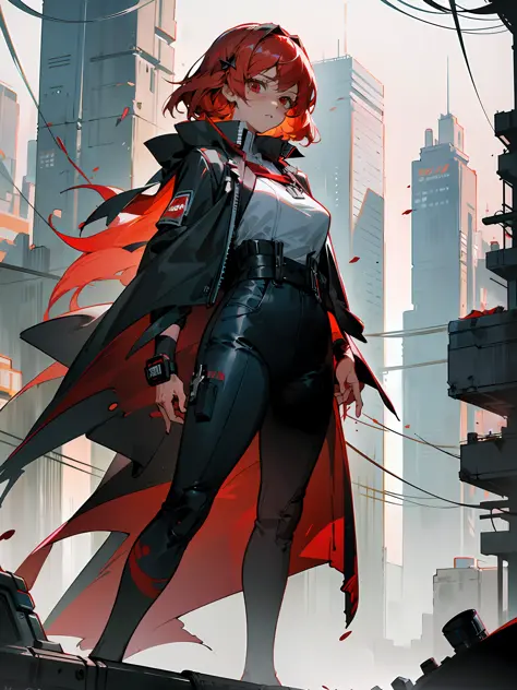 anime character with red hair and cape standing in front of a city, guviz-style artwork, digital cyberpunk anime art, anime cybe...