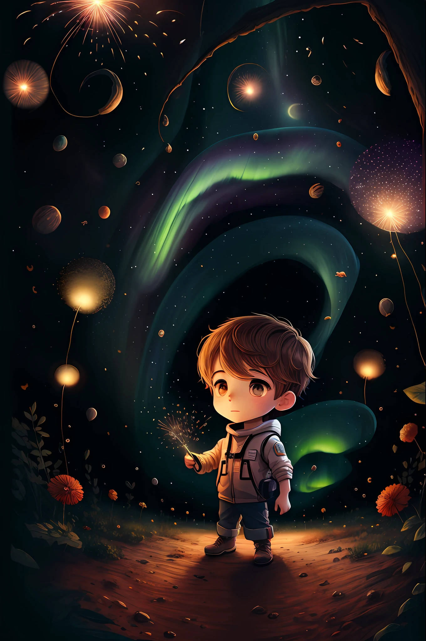 1boy,aerial fireworks, astronaut, aurora, milk way, festival,   chibi,  Fisheyes, masterpieces, top quality, best quality, official art, beautiful and aesthetic, animation, 8k raw,