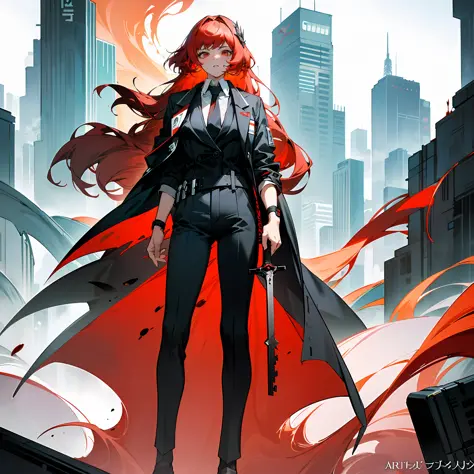 anime character with red hair and cape standing in front of a city, guviz-style artwork, digital cyberpunk anime art, anime cybe...