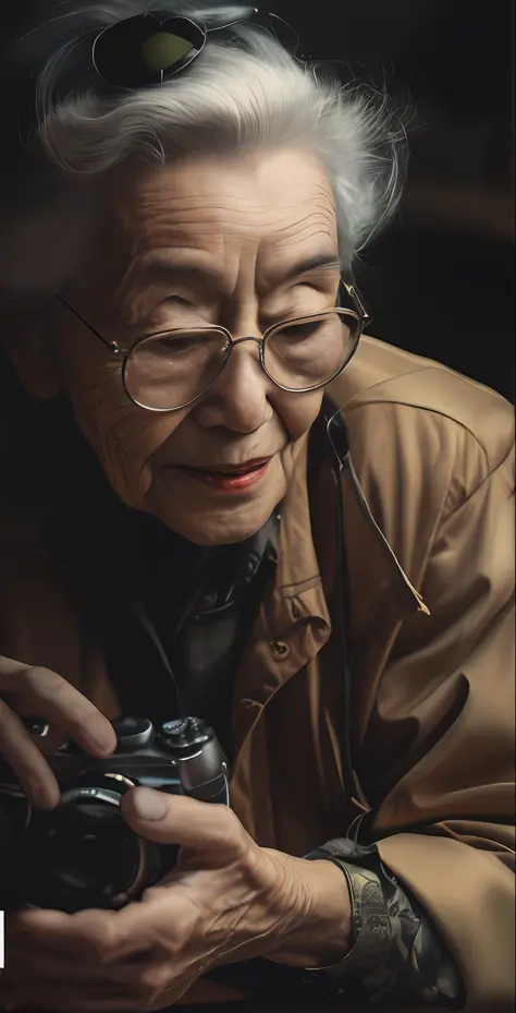 An older woman holds a camera，looking at a camera and smiling, Cinematic. author：leng jun, portrait featured on unsplash, Old la...