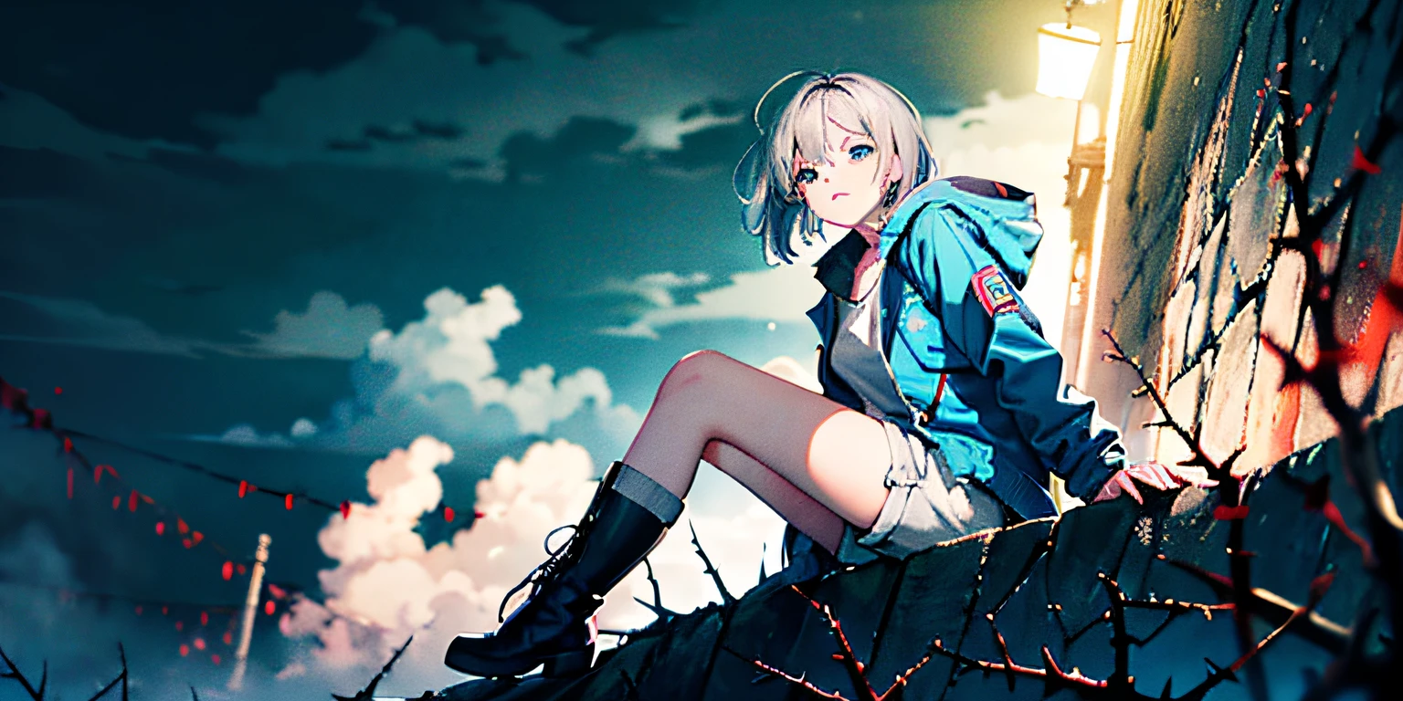 Original, (masterpiece), very clear background, very intricate background detail, best quality, dim light, blood-red thorns, ((Thick fog)), (Silent Hill), deserted town, small glowing blue octavo, damaged firearm, a young girl, (short silver hair), turquoise blue eyes, thin female body, (covered in blood), blue jacket, white shirt, grey shorts, boots, half-opened eyes, looking at octavo, leaning against wall, sitting helplessly, indifferent look, 4K Unity, (super-detailed CG: 1.2) , (8K: 1.2), octane rendering, Dynamic, floating, luminous, wide-angle viewing angle:2