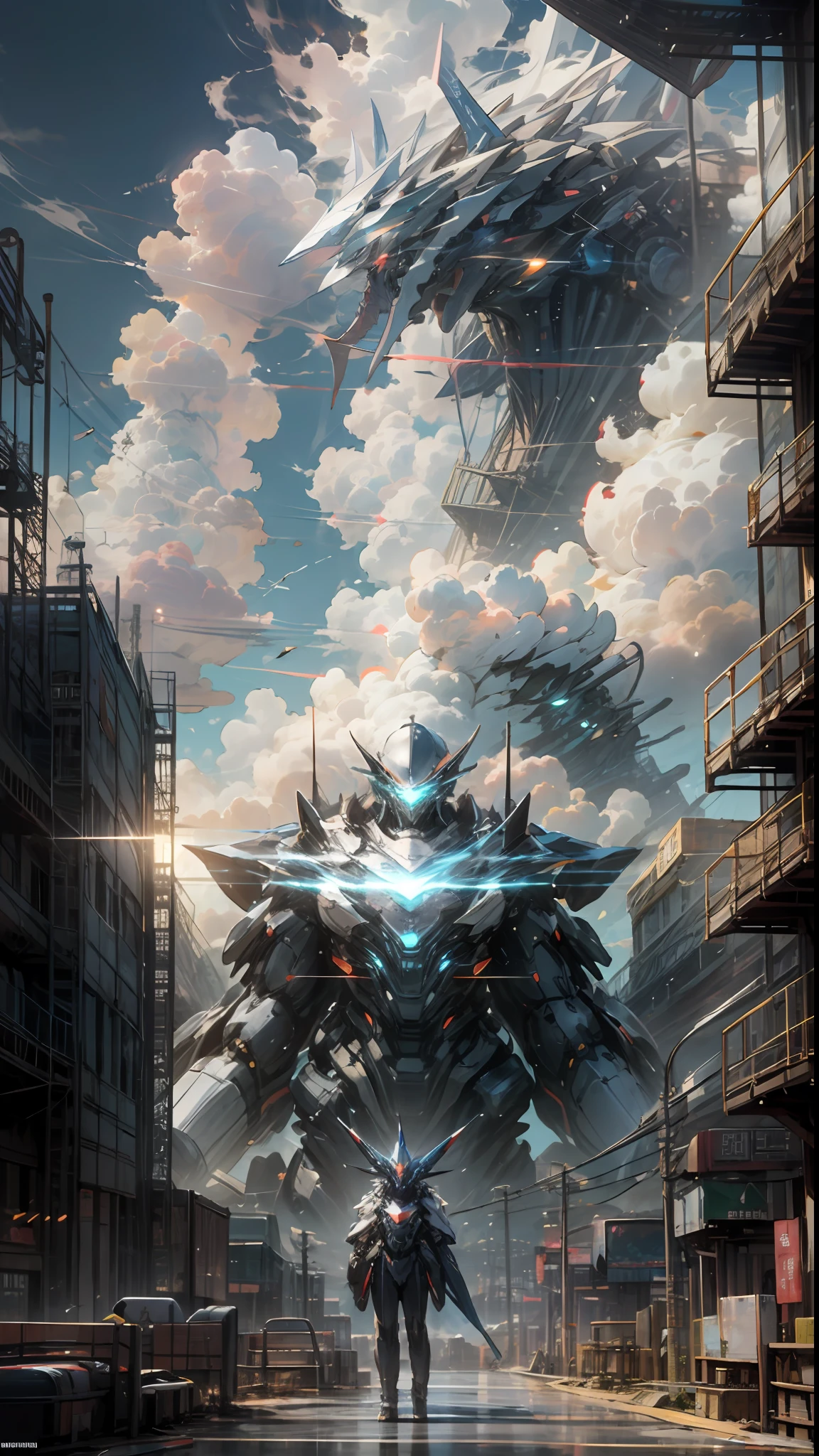 There are amazing clouds floating in the sky，A robot with a weapon stands alone in a city without humans。The building and surrounding glow add a fantastical touch to this science fiction-like scene。