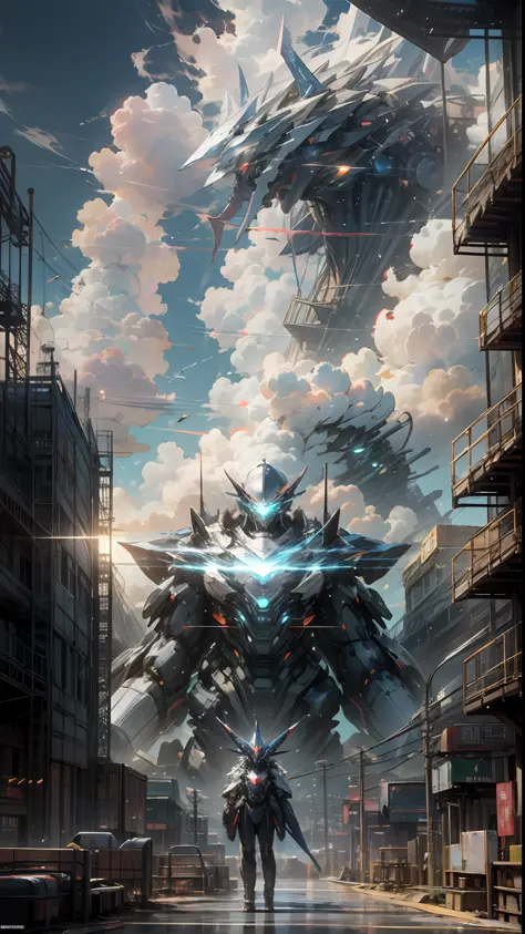 there are amazing clouds floating in the sky，a robot with a weapon stands alone in a city without humans。the building and surrou...