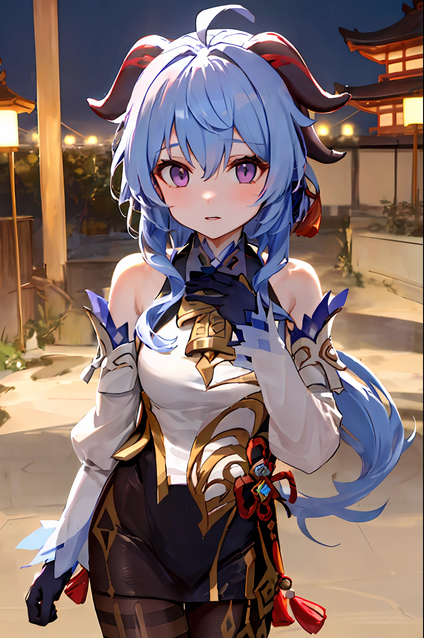 ganyu\(genshin impact\), 1girl, ahoge, architecture, bangs, bare shoulders, bell, black gloves, black tights, ((blue hair), blush, breasts, chinese knot, sleeve, East Asian architecture, flower knot, glove, horn, long hair, looking at the audience, medium chest, neckbell, night, outdoor, pantyhose, purple eyes, sideburns, solo, tassels, white sleeves, ((masterpiece))