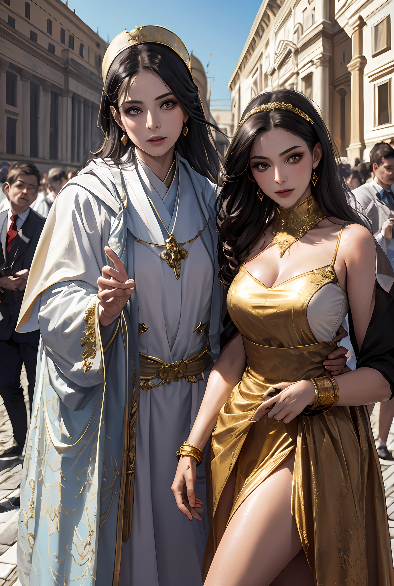 (巨作, Best quality, Realistic),
2girls,duo,(on the St. Peter's Square of Vatican,crowd of), sankta. Peter's Square of Vatican background,gypsy dress,(Princess Eyes,shiny pupils),Dancing,  Gold, banquet, crowd of, picking up skirt,
[Slight smile],