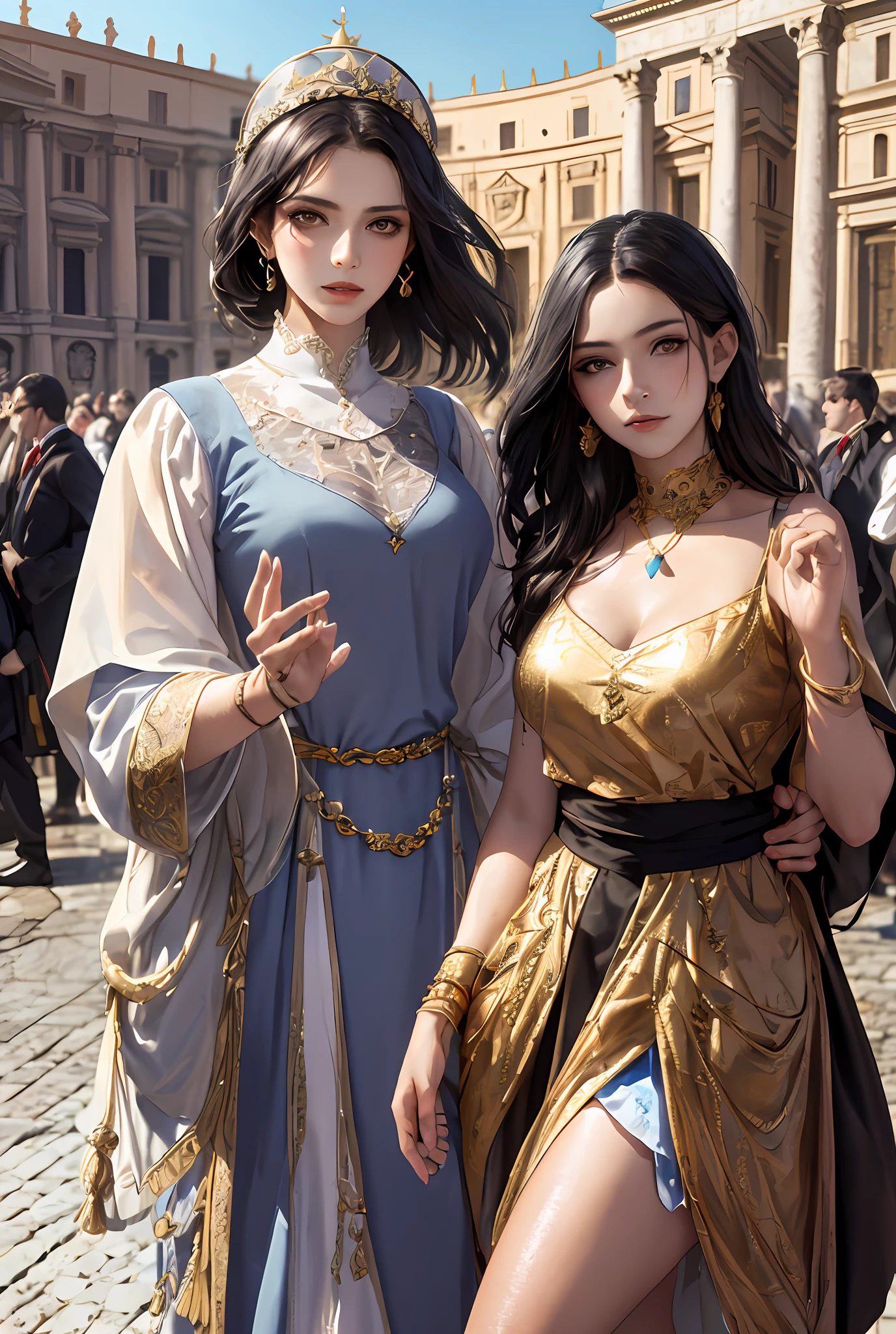 (Masterpiece, Best quality, Realistic),
2girls,duo,(on the St. Peter's Square of Vatican,crowd of), Saint. Peter's Square of Vatican background,gypsy dress,(Princess Eyes,shiny pupils),Dancing,  Gold, banquet, crowd of, picking up skirt,
[Slight smile],