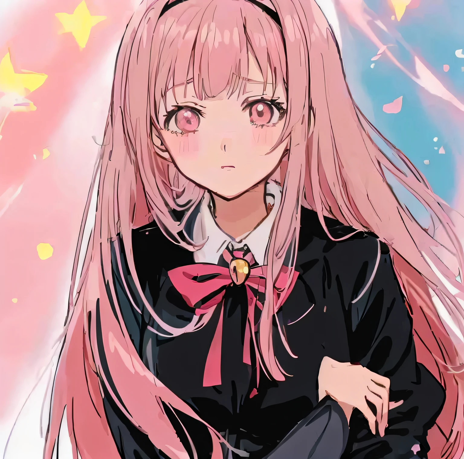 (((adolable)))，(((Moe Moe)))of anime girls。Wearing a black jacket and tie(((long pink  hair))), Inspired by(((Ib Eisner)))， she is a((((Anime shoujo))))，With long hair strands and an extremely cute face，Own a pair(((with huge luminous sad eyes)))。She is a beauty(((Anime high school girls)))，belong(((doki doki literature club)))，Like one((((up of young anime girl))))The same，Energetic。