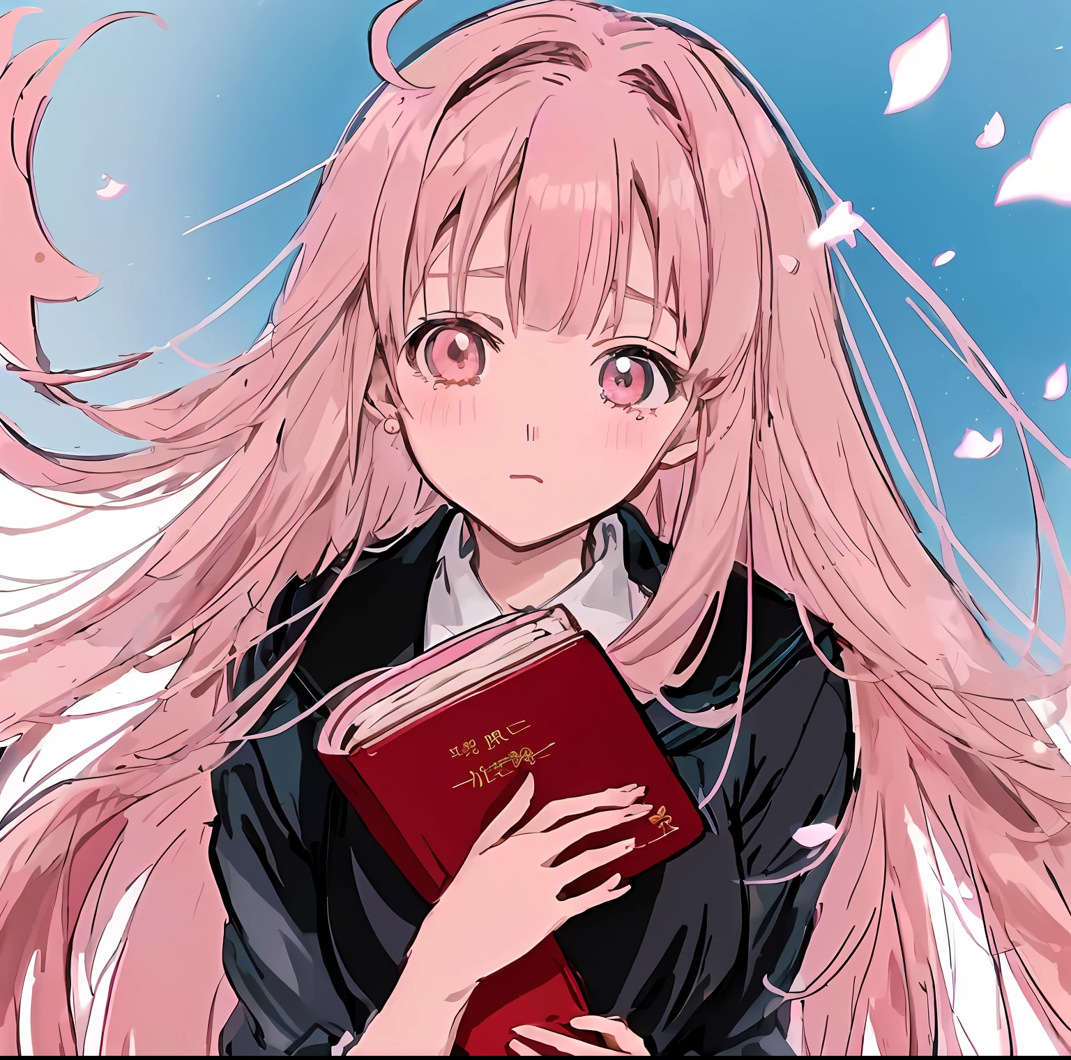 (((adolable)))，(((Moe Moe)))of anime girls。Wearing a black jacket and tie(((long pink  hair))), Inspired by(((Ib Eisner)))， she is a((((Anime shoujo))))，With long hair strands and an extremely cute face，Own a pair(((with huge luminous sad eyes)))。She is a beauty(((Anime high school girls)))，belong(((doki doki literature club)))，Like one((((up of young anime girl))))The same，Energetic。