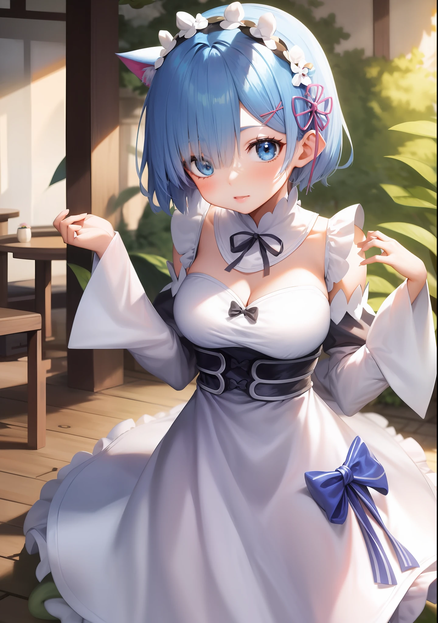 anime girl with blue hair and white dress holding a stuffed animal, Rem Rezero, short blue haired woman, Rei Ayanami, ayanami, anime moe art style, anime visual of a cute girl, ，Cat ears，Hand flowers