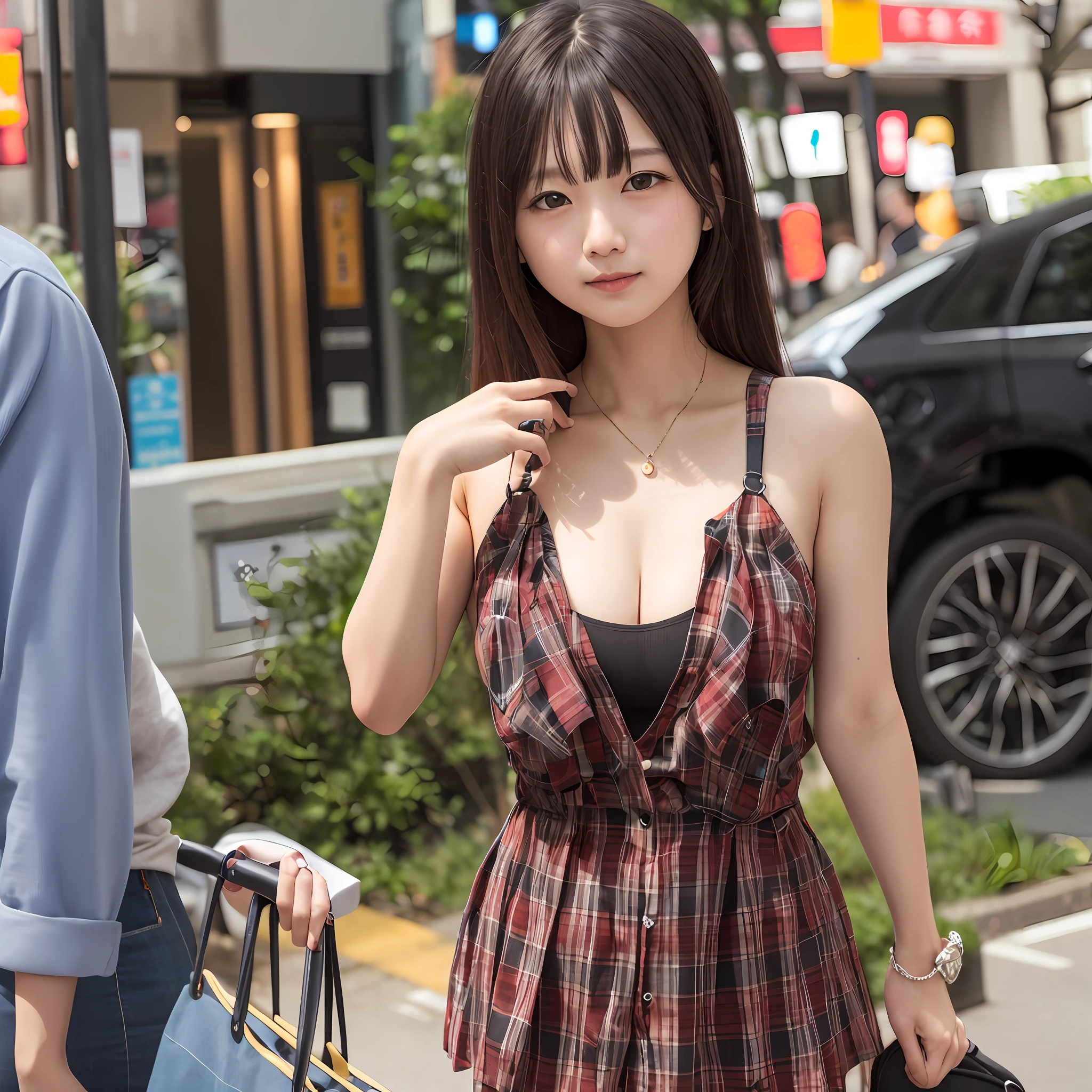 Araffe femme asiatique dans une robe à carreaux marchant dans la rue -  SeaArt AI