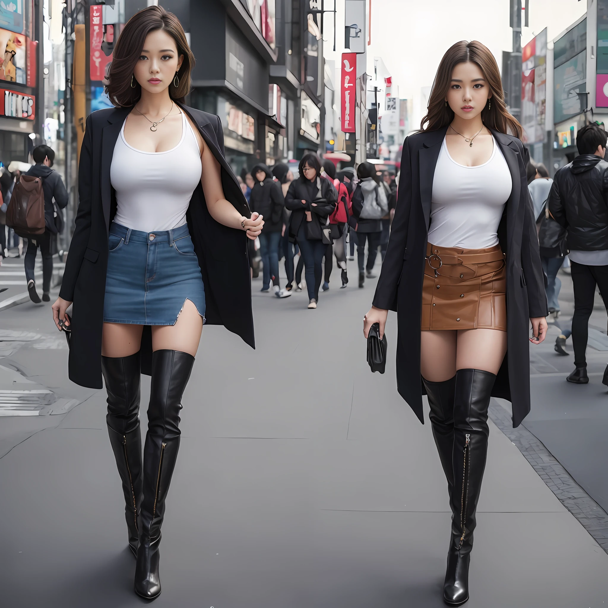 Two women in short skirts and boots walking down a street - SeaArt AI