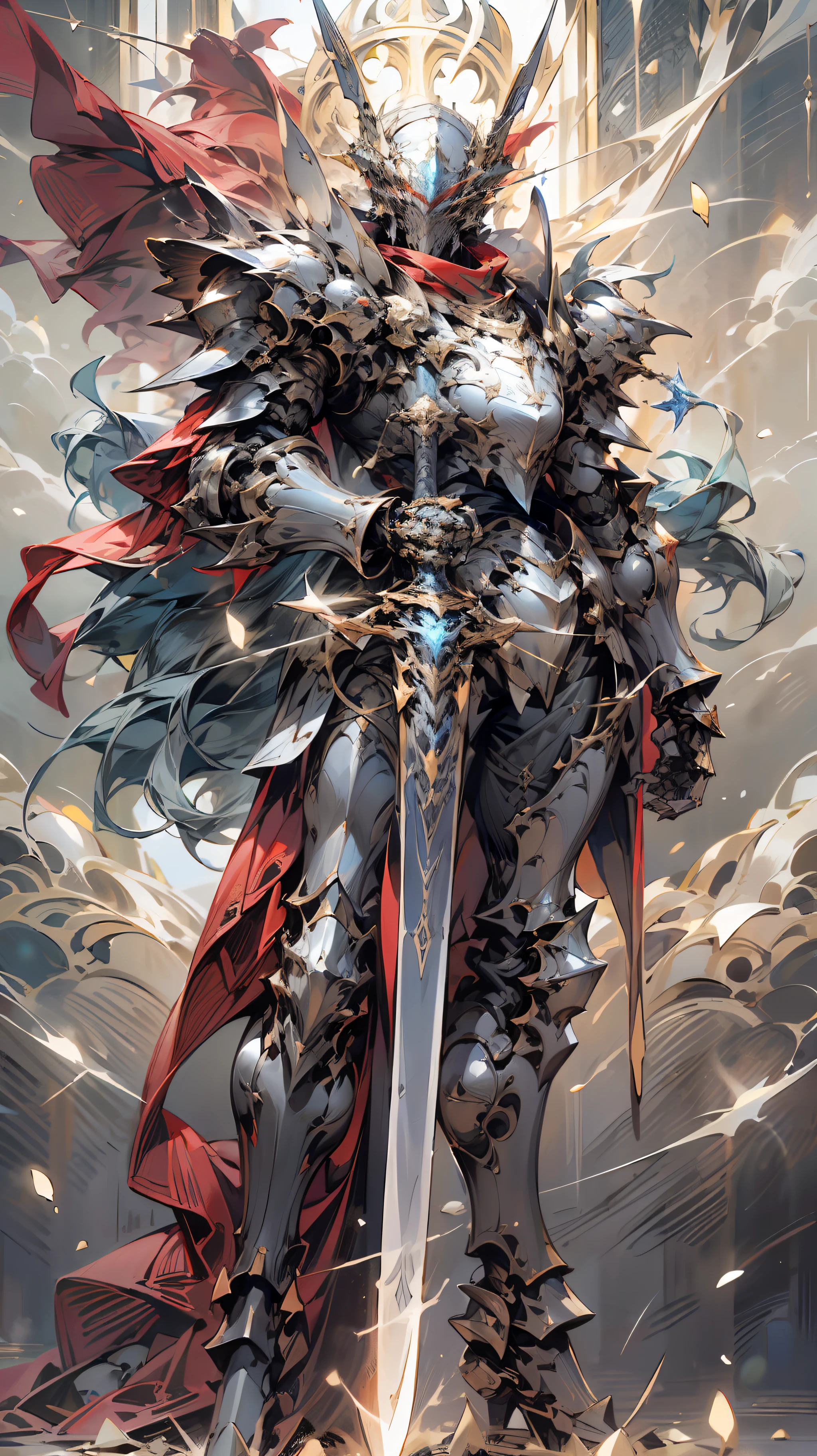 (リアリズム, 写真リアリズム: 1.3), (レンズの焦点距離: 35mm), バックライト, 騎士の機械鎧, 豪華で絶妙な形, メカの胸に青く光る十字架が刻まれている, メカは赤く光る幅広で重装の剣を持っている, 赤いスカーフが風に揺れる, 騎士の目は赤い炎の光だ, そして戦闘態勢が描かれる