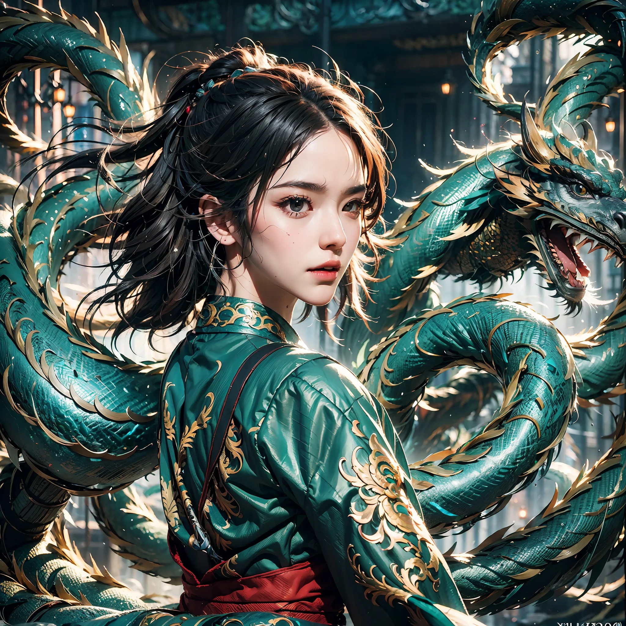 A girl, （focuses on the girl：1.5）,((full-size photograph)),Perfect facial features, Happy expression，a dragon behind her,dragon,((Depth of field))， (sword dance action: 1.4), (water splash effect: 1.2), in a panoramic view, water，yushuishu，（（Best quality））, 16k, rendering by octane, movie level special effects, Landscape background, fierce battle scenes, Realistic，