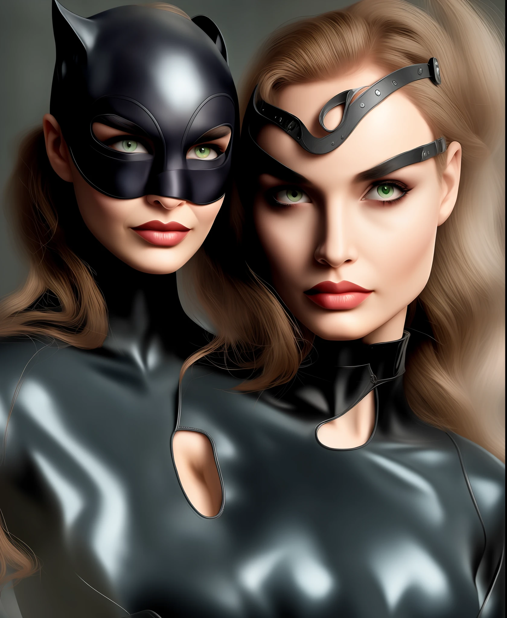 Dos mujeres disfrazadas de Catwoman posando para una foto. - SeaArt AI