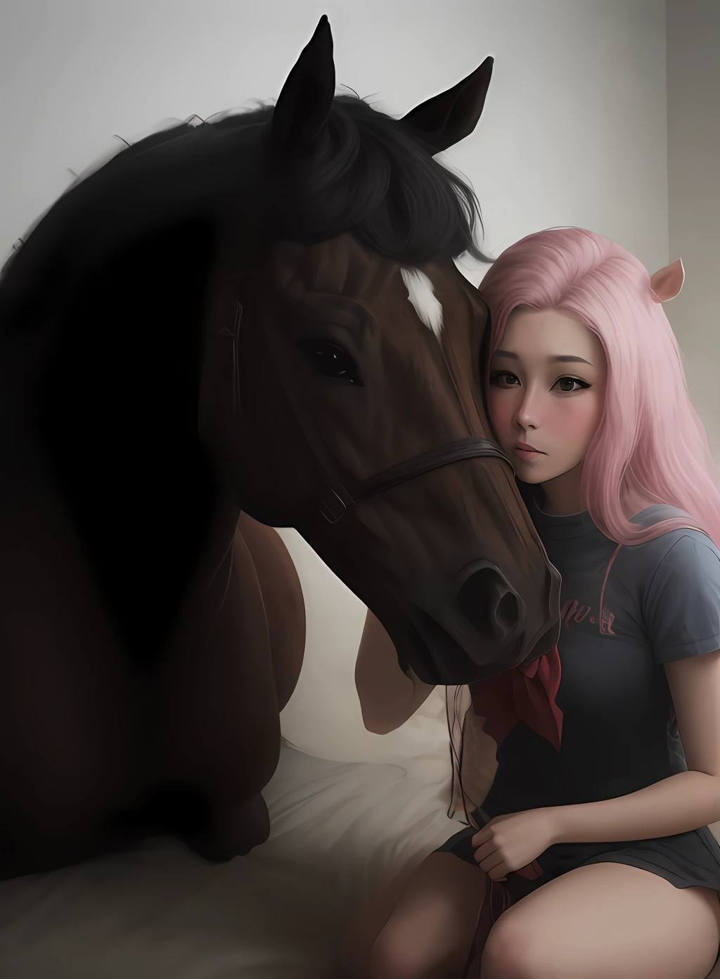 There is a woman sitting next to a horse with pink hair - SeaArt AI