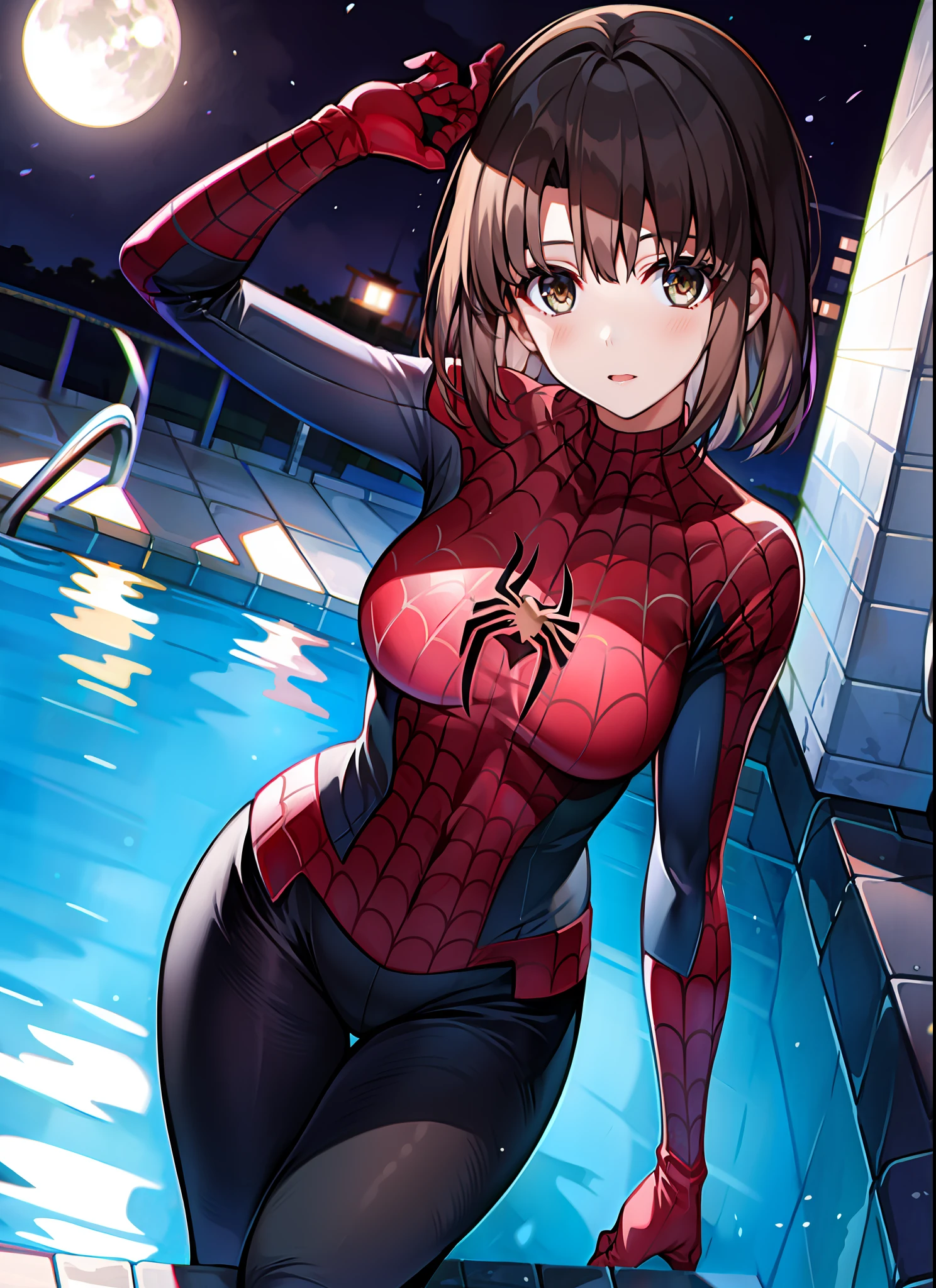 Masterpiece, Best quality, 8K, A high resolution, 1girll, Night, Pool, neonlight, Moon, Seductive, Spider suit,