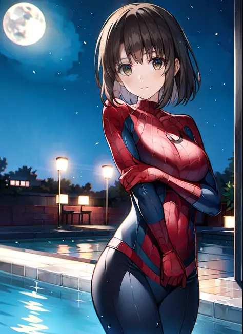 masterpiece, best quality, 8k, a high resolution, 1girll, night, pool, neonlight, moon, seductive, spider suit,