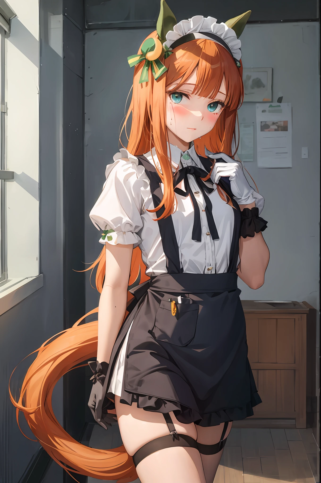 obra de arte, qualidade superior, Silêncio Suzuka \(umamusume\), orelhas de cavalo, seios pequenos, cauda de cavalo, Apron, Black vestir, Cabelo preto, rubor,Pele branca, elevador de roupas, vestir, vestir Lift, Quadro a Pé, cinta-liga, luvas, levante-se, manga curta, Relógio Beholder, empregada doméstica, empregada doméstica Headdress, Neck fita, calcinhas, fita, segurar saia, Sozinho, gotas de suor, coxas, roupas íntimas, avental branco, luvas brancas, calcinha branca, coxas brancas muito finas