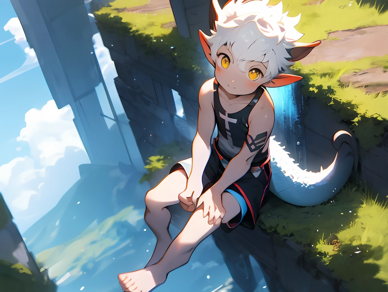 Image de style anime d&#39;une personne debout sur l&#39;herbe devant la forêt, art conceptuel par Shitao, Pissif, art à fourrure，Tendances sur ArtStation pixiv, Oeuvre de style Guviz, Lalafell, Guviz, Guweiz sur ArtStation Pixiv, jeune dragon anthropo mâle，fourrure blanche，cheveux blancs，Photos en gros plan，（Légèrement gras），Asseyez-vous les jambes croisées，La perspective est d&#39;en haut