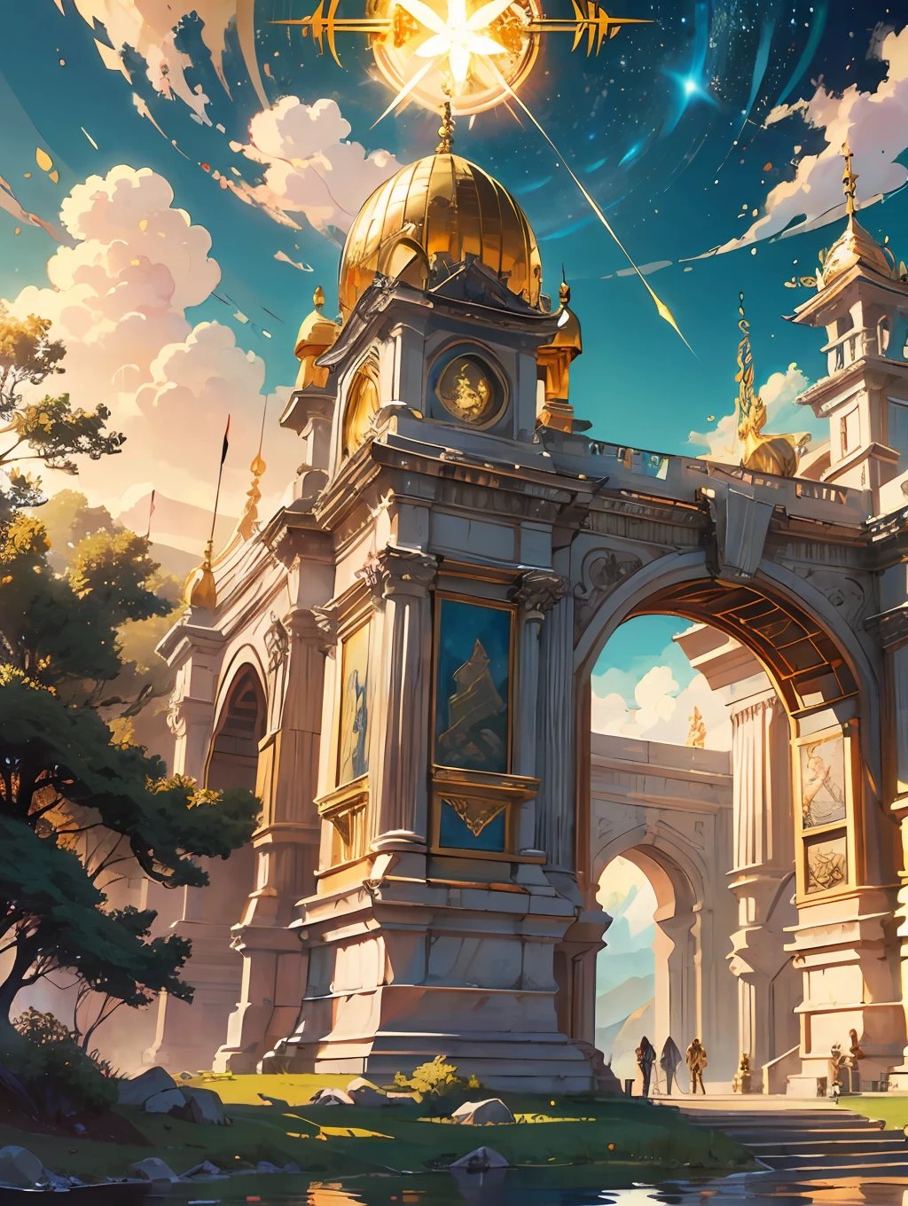 Behold the ((majestic Golden Path of Victory:1.5)), a celestial journey that transcends mortal realms. Bathed in the warm embrace of the golden hour lighting, the landscape radiates with ethereal light, illuminating a path of gilded splendor. The path itself, inspired by the gates of heaven, shimmers with intricate details, adorned with celestial symbols and ornate patterns that speak of triumph and divine inspiration.

As you traverse this fantastical landscape, you witness the grandeur of towering mountains that reach toward the heavens, their peaks kissed by golden sunlight. Soft, billowing clouds painted in hues of gold and amber float gracefully above, as if lifted by heavenly currents. The surrounding flora, drenched in the magical light, boasts vibrant hues of gold and lush greens, further enhancing the sense of otherworldly enchantment.

The camera angle captures the sprawling vista from a wide perspective, showcasing the sweeping majesty of the Golden Path of Victory. The golden hour lighting infuses the scene with a warm, celestial glow, casting long, majestic shadows that dance upon the path. The intricate details of the ornate symbols and patterns are meticulously rendered, allowing each element to come alive and tell its story.

In this fantasy landscape, [there are no anime characters or specific figures], but rather a ((sense of wonder and awe inspired by the heavenly theme)). The Golden Path of Victory beckons all who dare to tread upon it, offering a glimpse of divine triumph and the promise of celestial glory